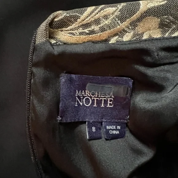 Marchesa Notte Mermaid Black Stretch Crepe and Gold Lace Embroidered Ball Gown 8 - Picture 12 of 16